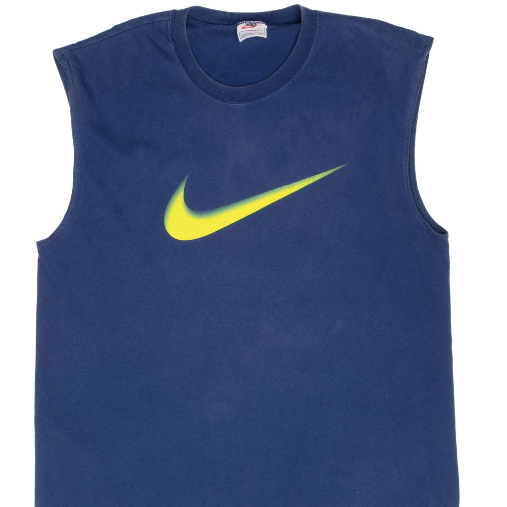 Front upper view of blue Nike tank top with yellow-to-green Swoosh graphic