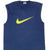 Front upper view of blue Nike tank top with yellow-to-green Swoosh graphic