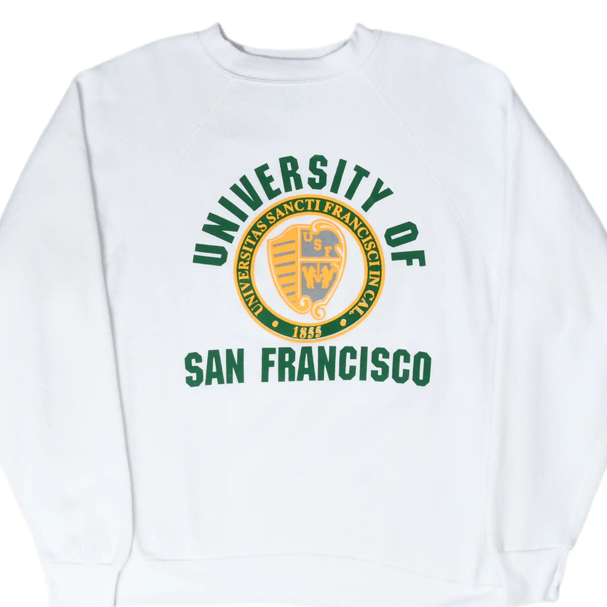 Front of white University of San Francisco sweatshirt with green and gold seal graphic