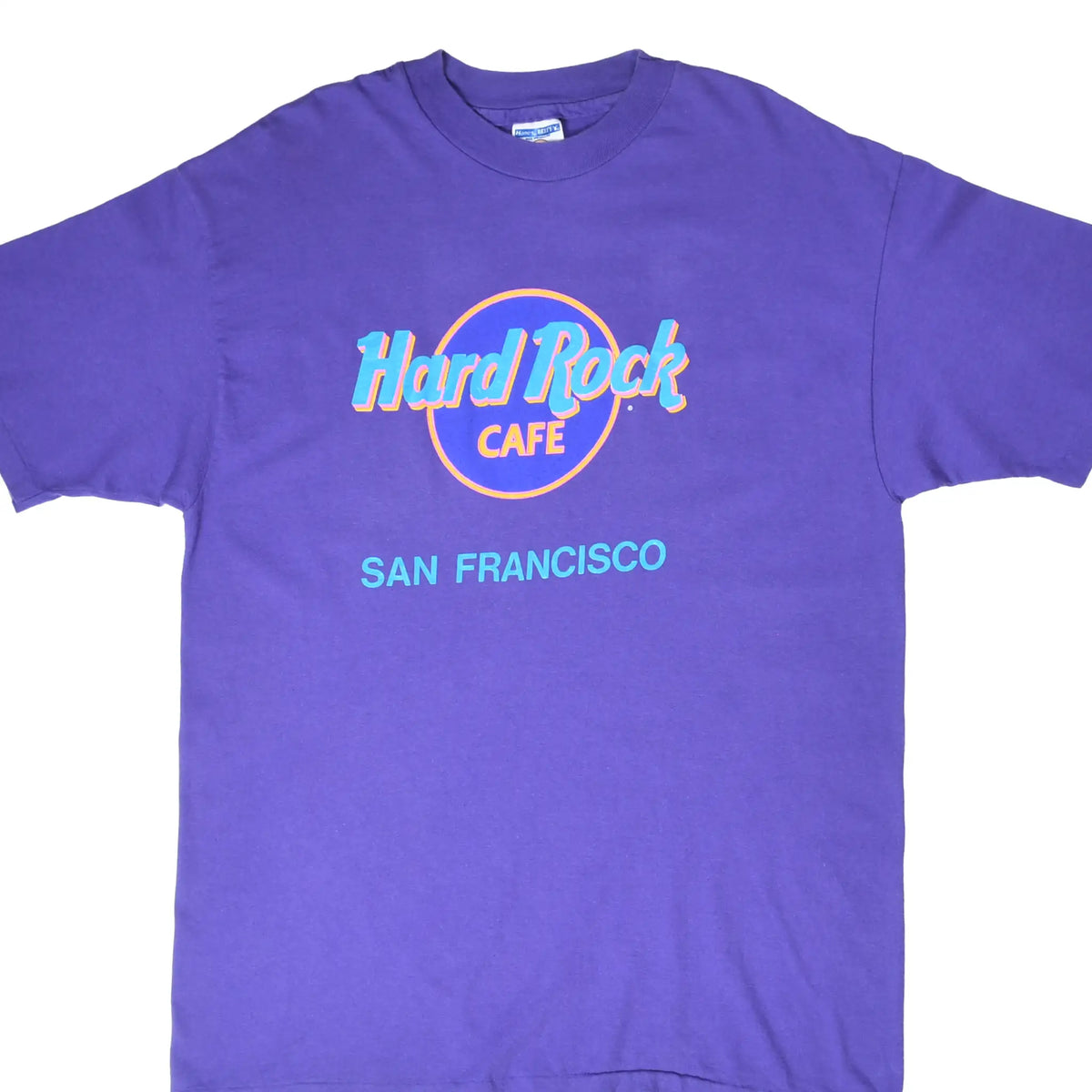 Front of purple Hard Rock Cafe San Francisco T-shirt with turquoise, blue, and orange logo print