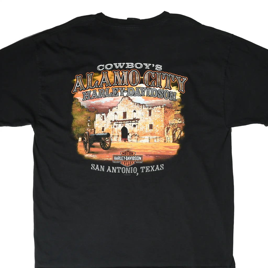 Back of black Harley-Davidson T-shirt with Cowboy's Alamo City graphic and San Antonio, Texas text