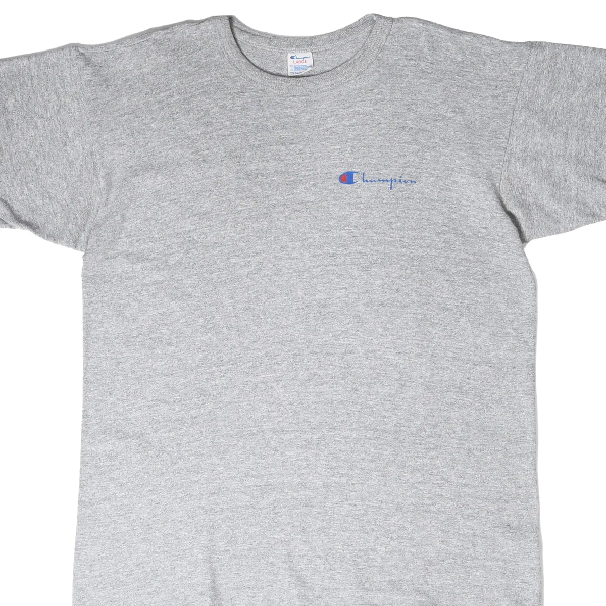 Cropped front view of a heather gray Champion T-shirt with a small blue and red chest logo