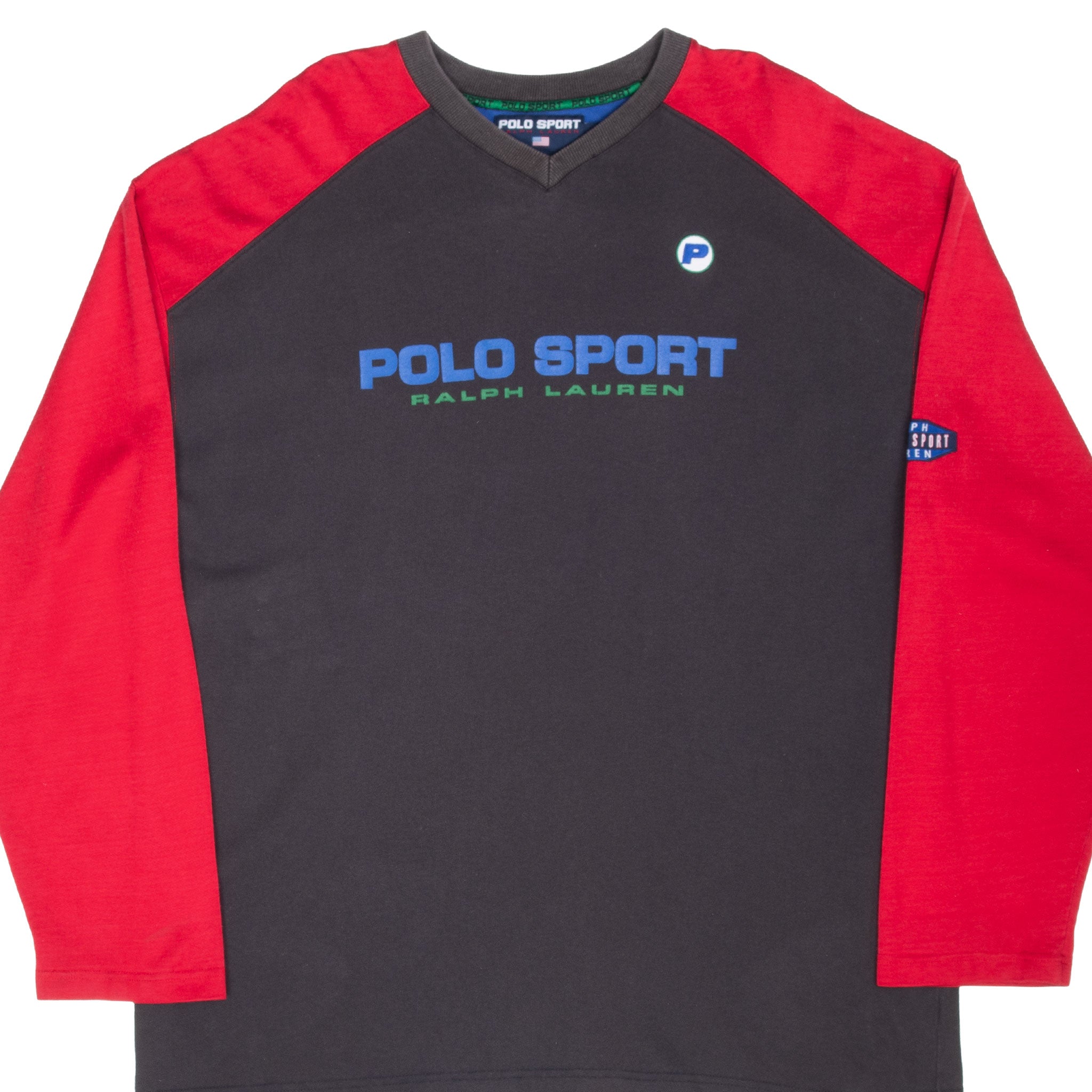 Vintage Ralph Lauren Polo Sport Black Red Long Sleeve Raglan Tee Shirt Size Large