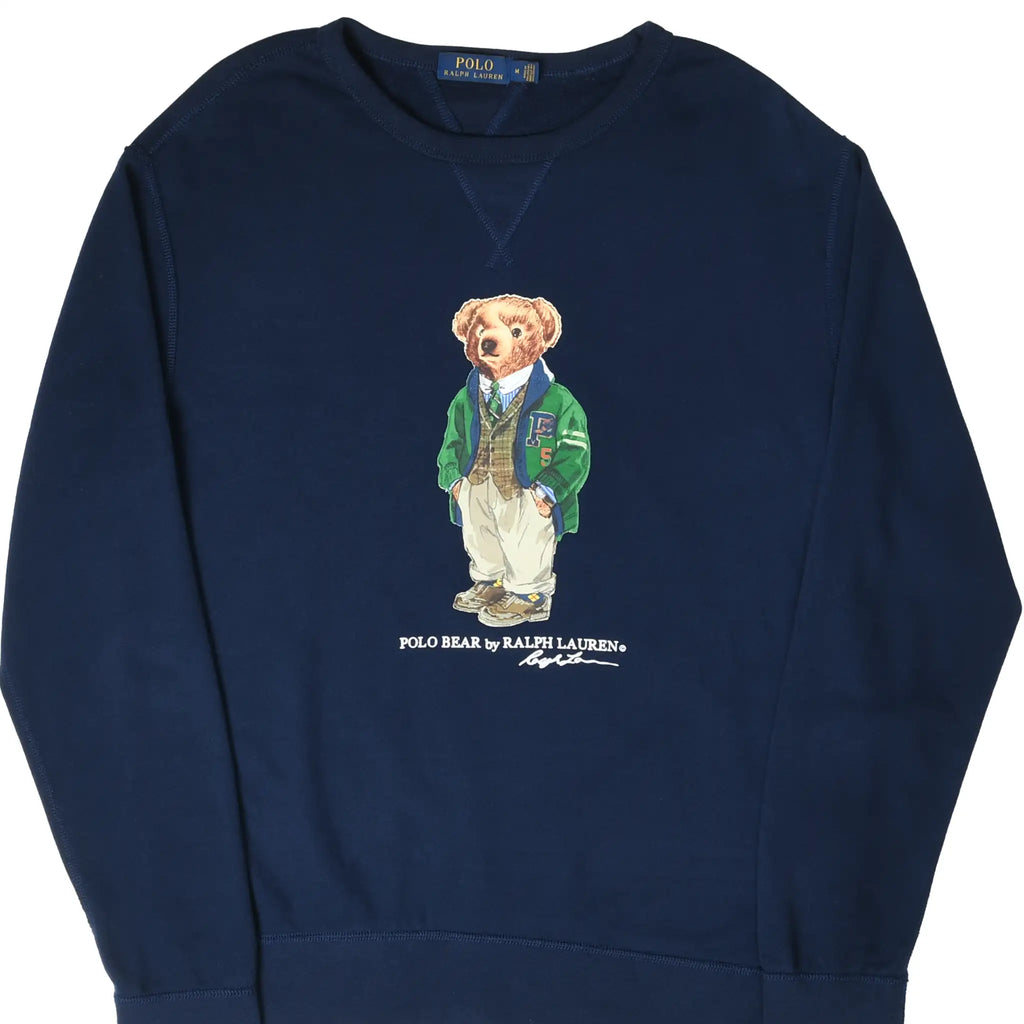 Front of navy Polo Ralph Lauren sweatshirt with preppy Polo Bear graphic