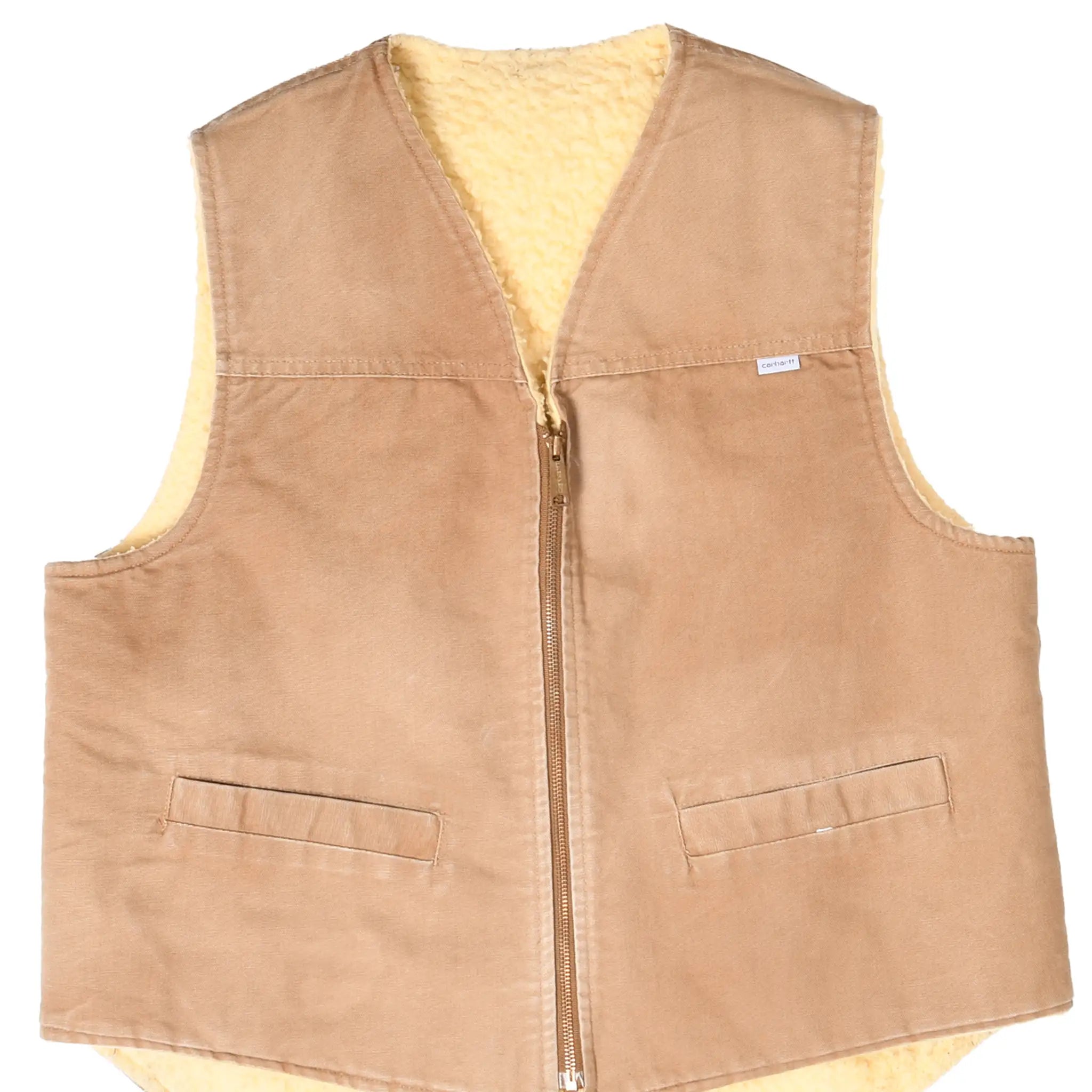Front of brown Carhartt 8SV vest with zip closure, two pockets, and cream sherpa lining