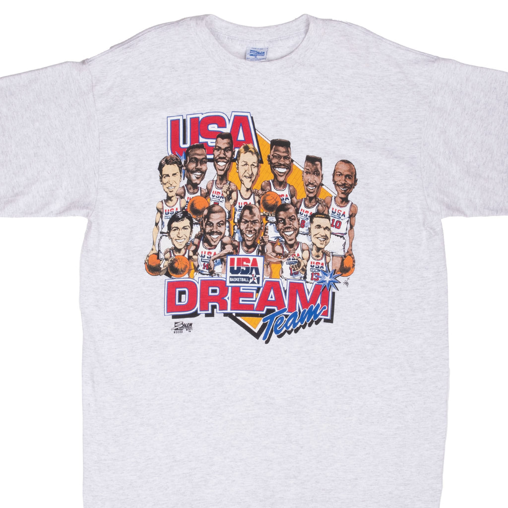 Vintage NBA Dream Team USA With Jordan, Pippen, Barkley, Stockton, Mullin, Robinson, Malone, Bird, Ewing, Johnson Tee Shirt 1992 Size XL Made In USA With Single Stitch Sleeves