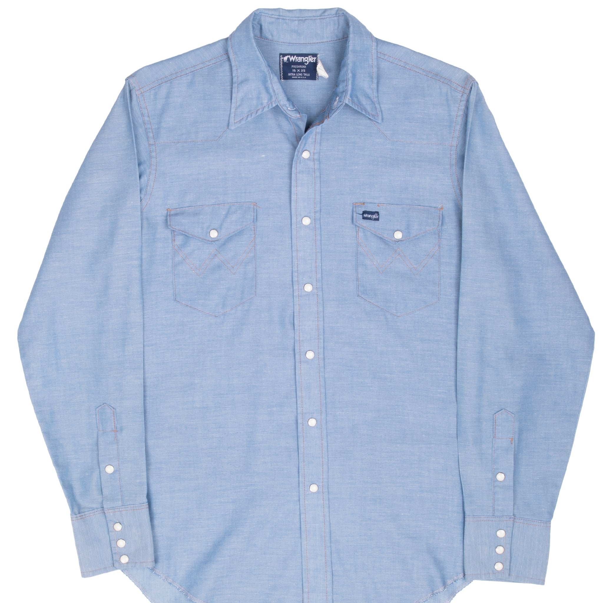 Vintage Wrangler Pear Button Blue Shirt 1980S Size 16 X 35 Made In Usa