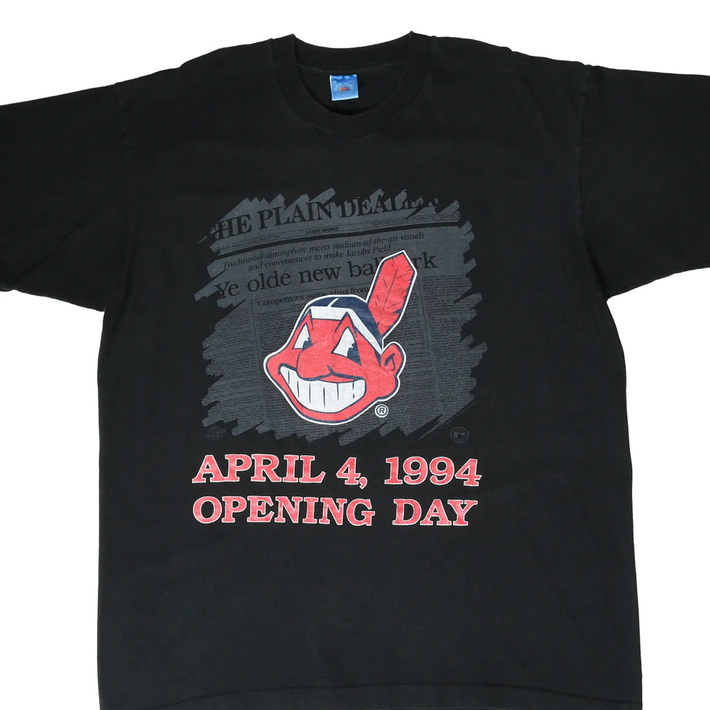 Front of black Cleveland Indians T-shirt with Chief Wahoo and April 4, 1994 Opening Day print