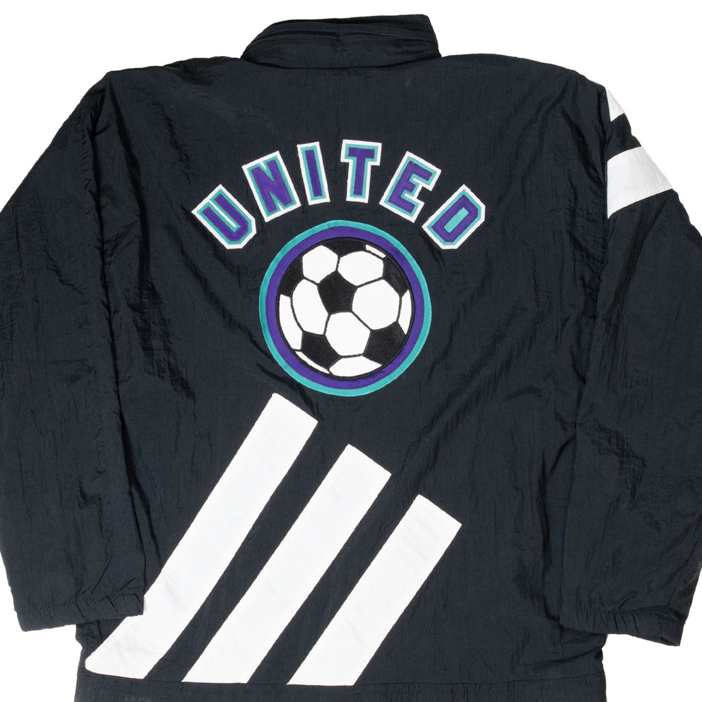 VINTAGE ADIDAS UNITED SOCCER COACH BLAK WINDBREAKER JACKET 1980S MEDIUM