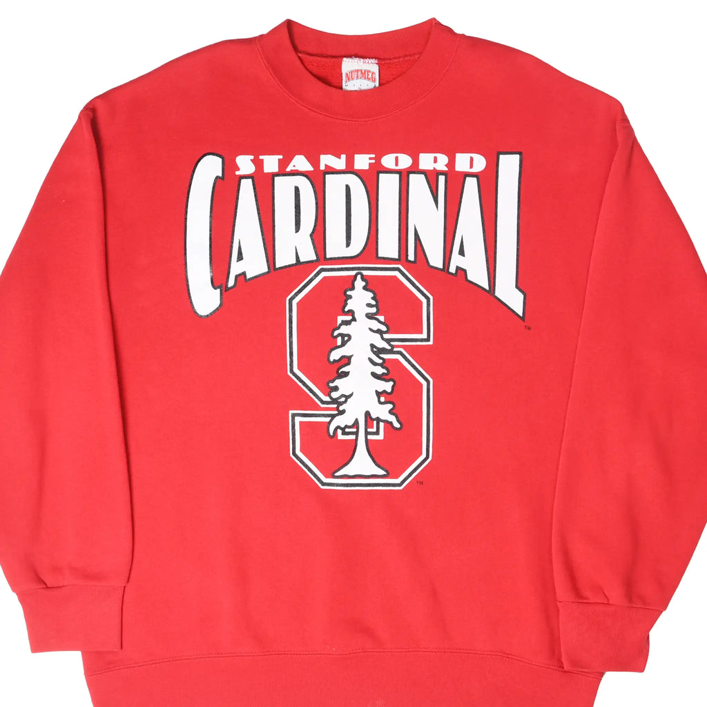 Front of red Stanford Cardinal crewneck sweatshirt with white lettering and tree logo
