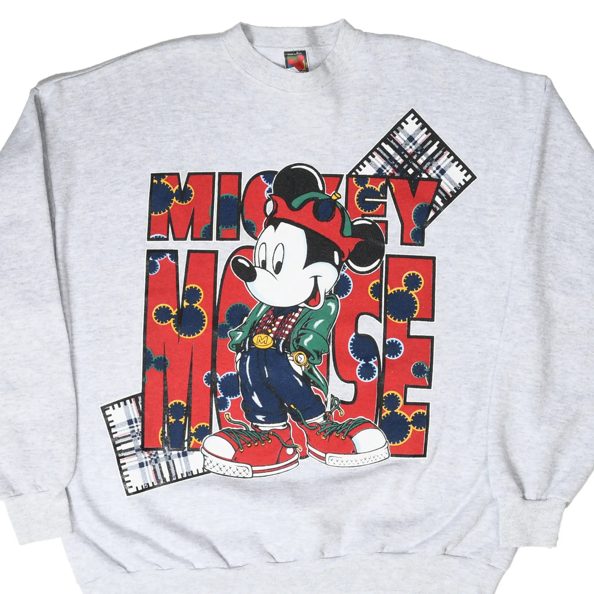 Front of grey Disney sweatshirt with colorful Mickey Mouse graphic and plaid accents