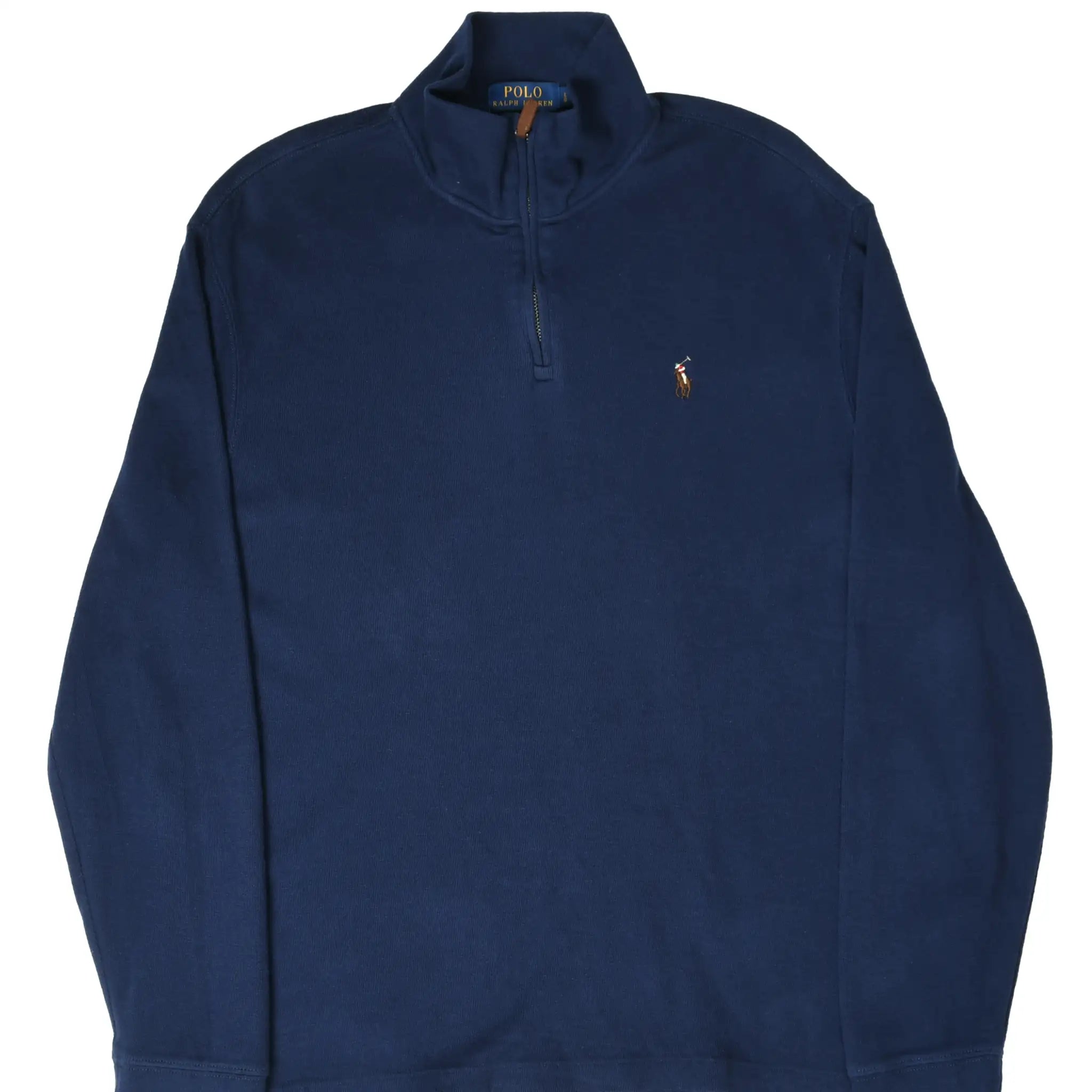 Front of Polo Ralph Lauren navy blue quarter-zip sweater with embroidered pony logo
