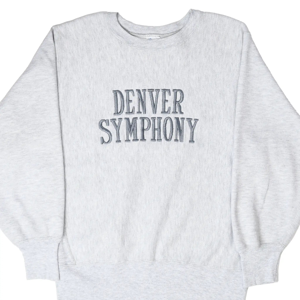 Front of gray Champion Reverse Weave sweatshirt with Denver Symphony lettering