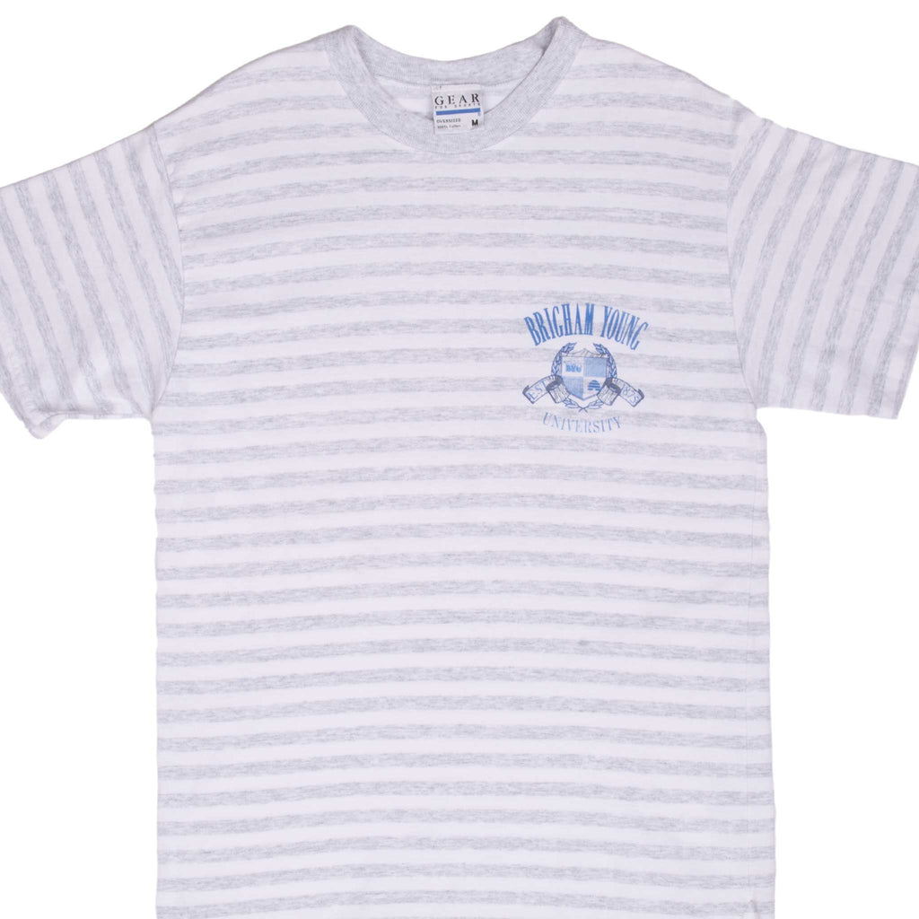 Vintage Ncaa Byu Brigham Young Cougars 1990S Striped Tee Shirt Size Medium Made In Usa