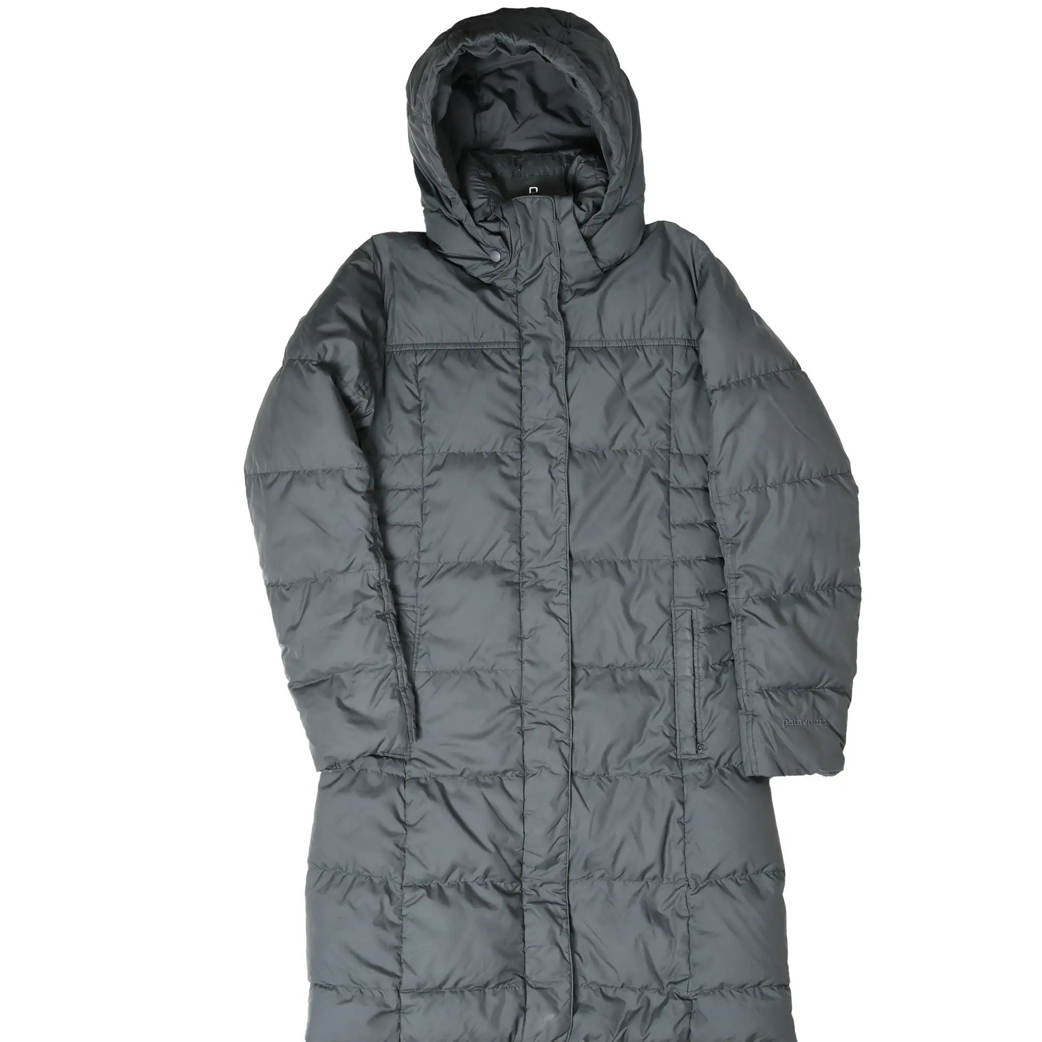 Front upper view of gray Patagonia women's hooded down parka