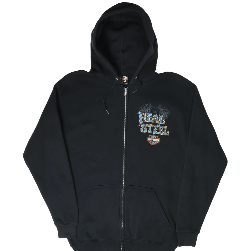 Front of black Harley-Davidson full-zip hoodie with Real Steel chest graphic and pouch pockets