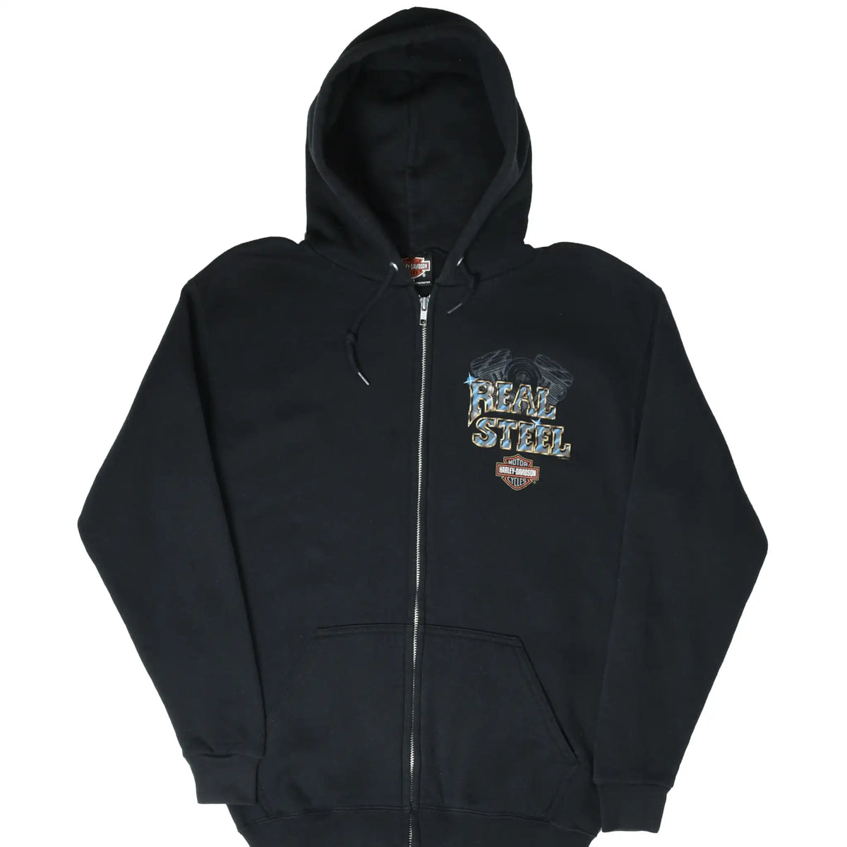 Front of black Harley-Davidson full-zip hoodie with Real Steel chest graphic and pouch pockets