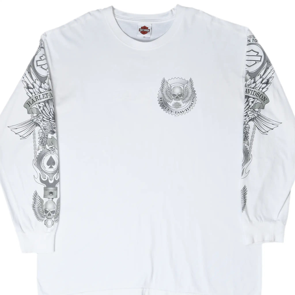 Front of white Harley-Davidson long-sleeve shirt with winged skull chest and sleeve graphics