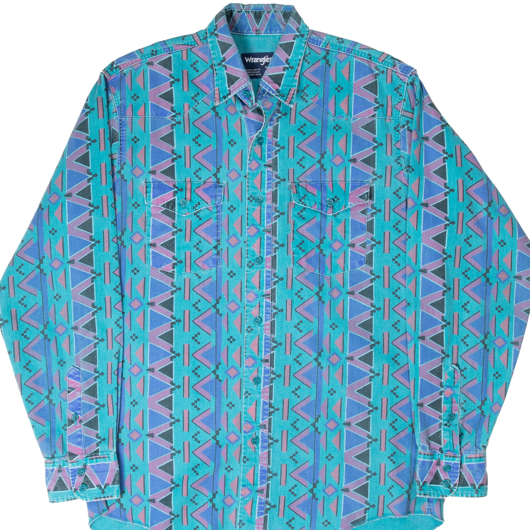 VINTAGE WRANGLER NAVAJO AZTEC BRUSHPOPPER WESTERN RODEO SHIRT 1990S SIZE 16 X 35