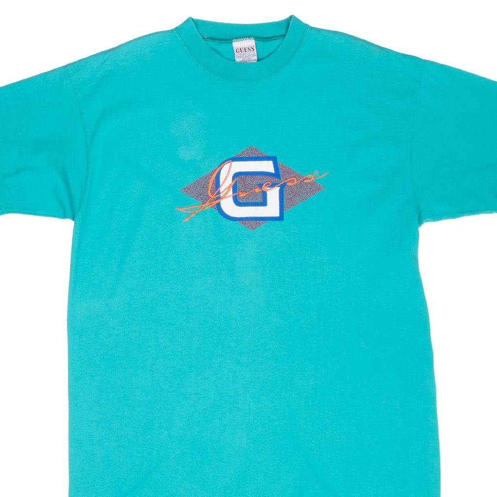 Vintage Guess Embroidered Teal Tee Shirt 1990S Size Large Made In Usa