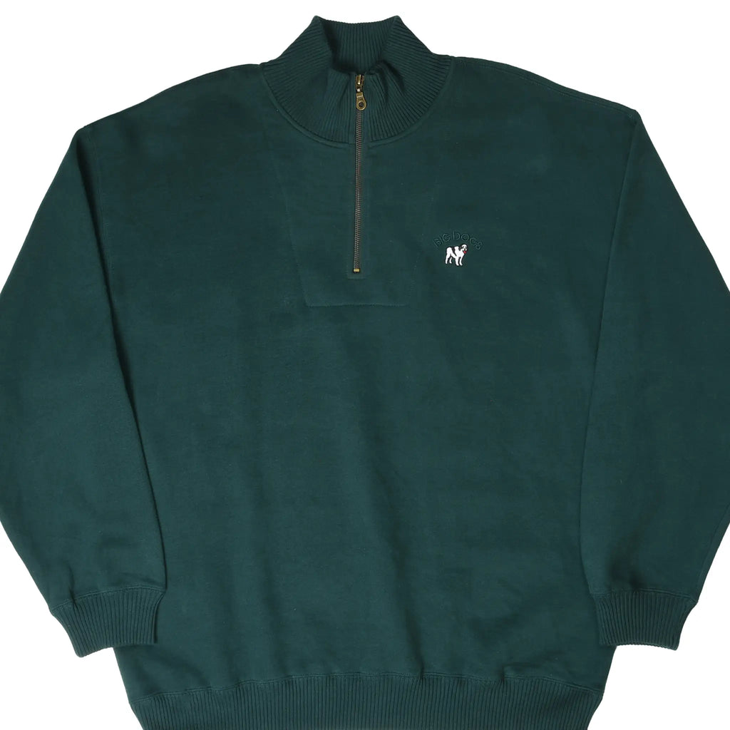 Front of dark green Big Dogs quarter-zip sweatshirt with small embroidered dog logo on chest