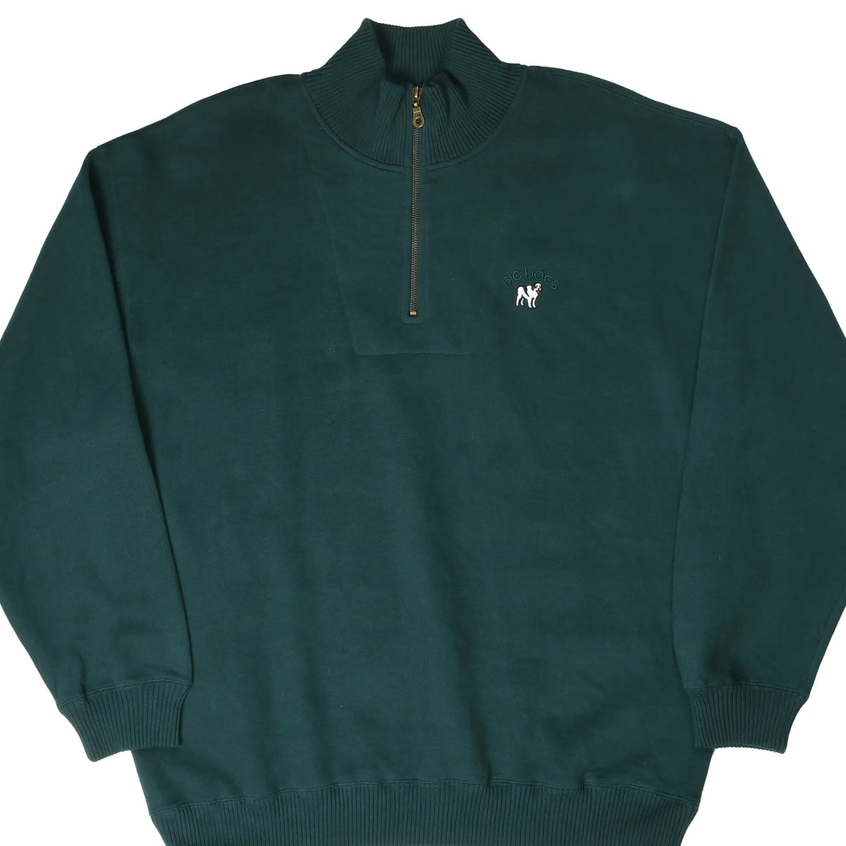 Front of dark green Big Dogs quarter-zip sweatshirt with small embroidered dog logo on chest