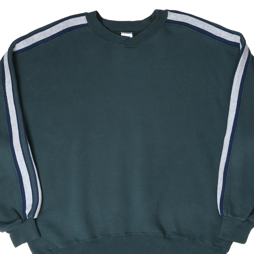 Front detail of dark green Russell Athletic sweatshirt with navy and gray shoulder and sleeve stripes