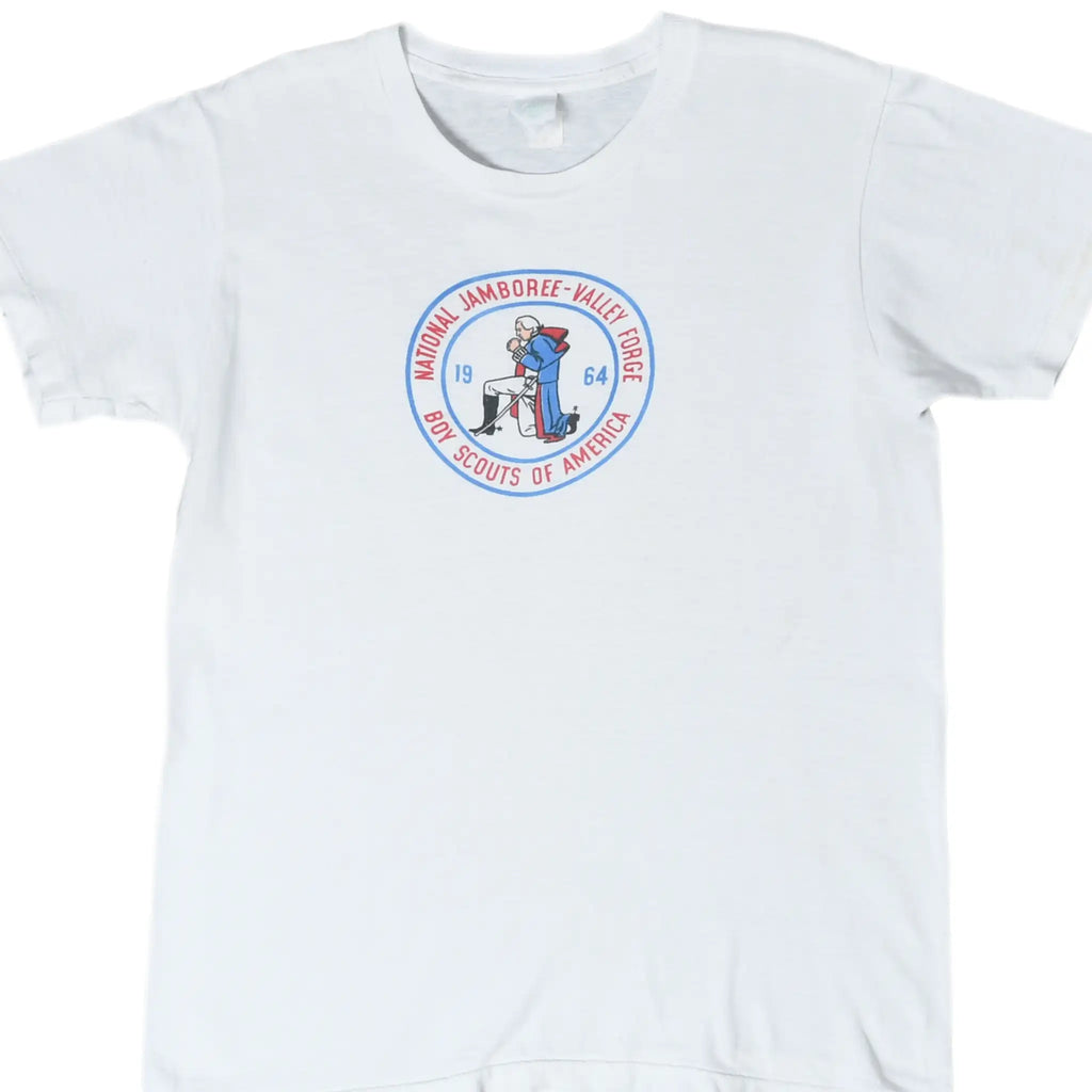 Front upper view of white Boy Scouts of America National Jamboree Valley Forge T-shirt with circular graphic