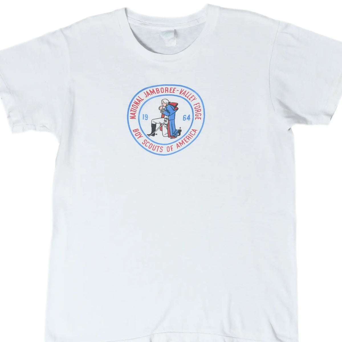 Front upper view of white Boy Scouts of America National Jamboree Valley Forge T-shirt with circular graphic