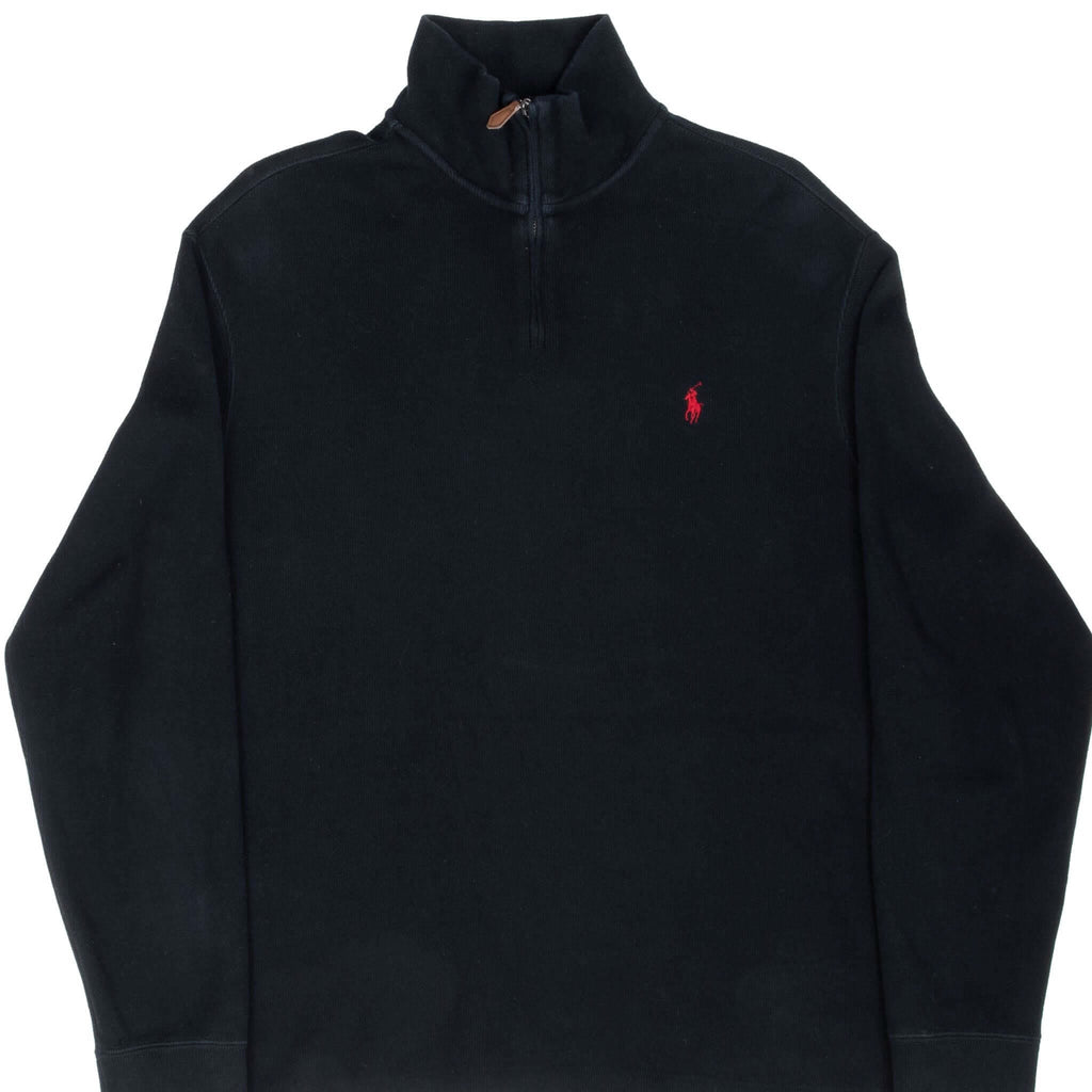 Front of black Polo Ralph Lauren quarter-zip sweater with red pony embroidery