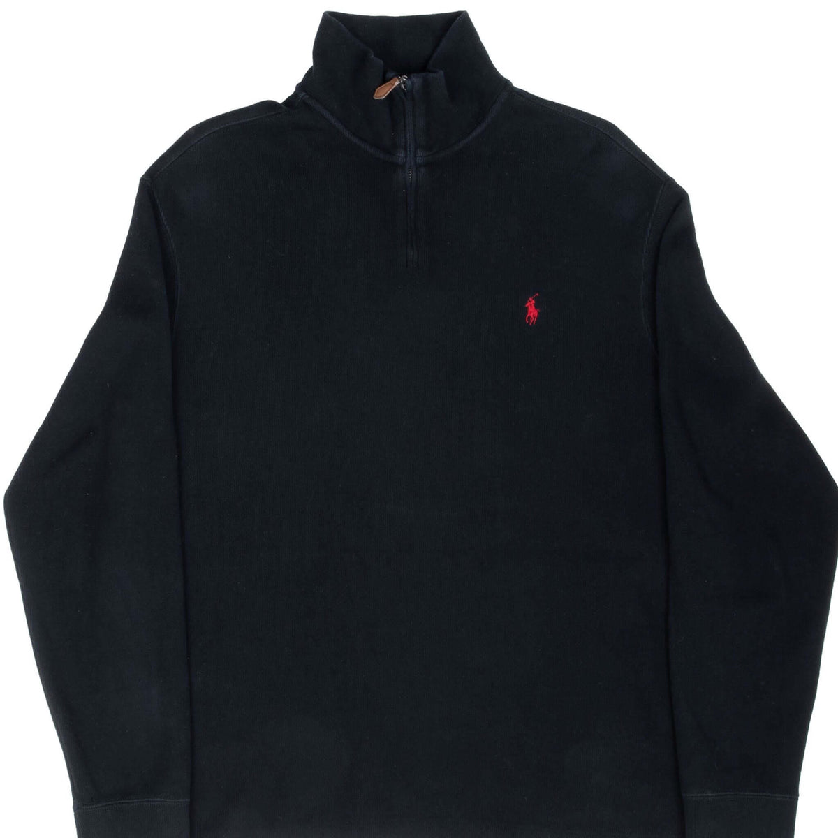 Front of black Polo Ralph Lauren quarter-zip sweater with red pony embroidery