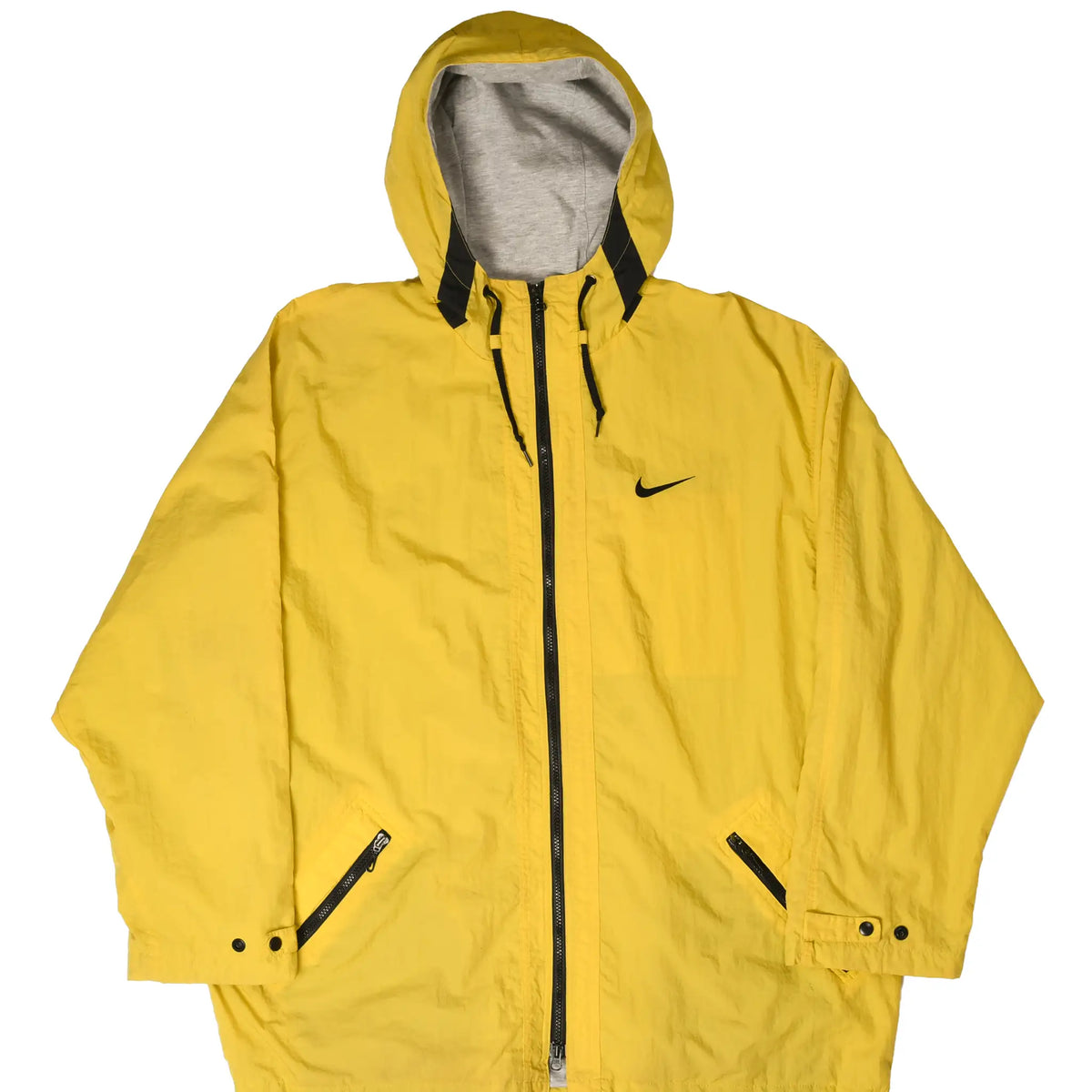 Front of yellow Nike hooded windbreaker with black zipper, chest Swoosh, and angled pockets