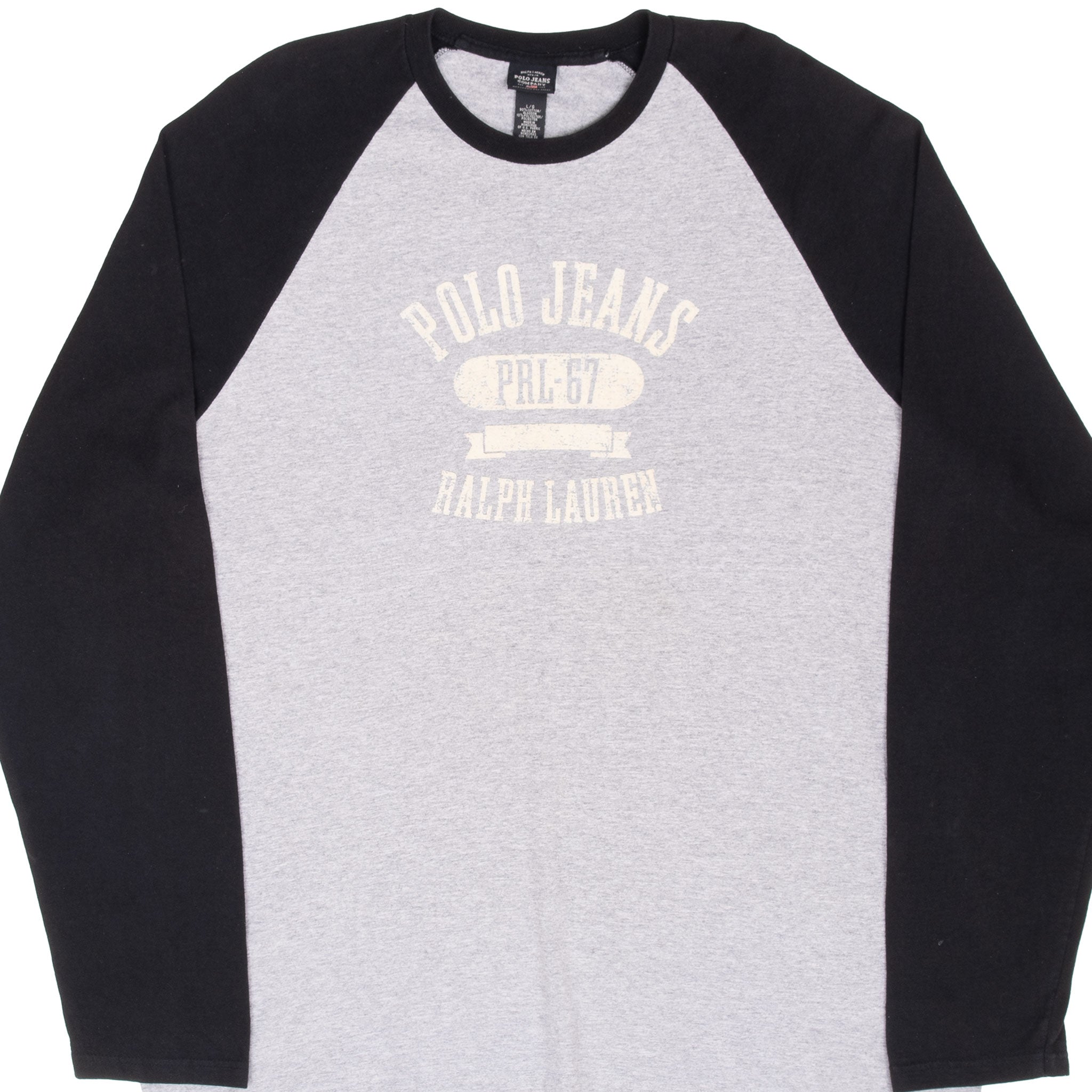 Vintage Ralph Lauren Polo Jeans Grey Black Long Sleeve Raglan Tee Shirt Size Large