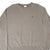 Front close-up of khaki Nike crewneck sweatshirt with small black Swoosh embroidery