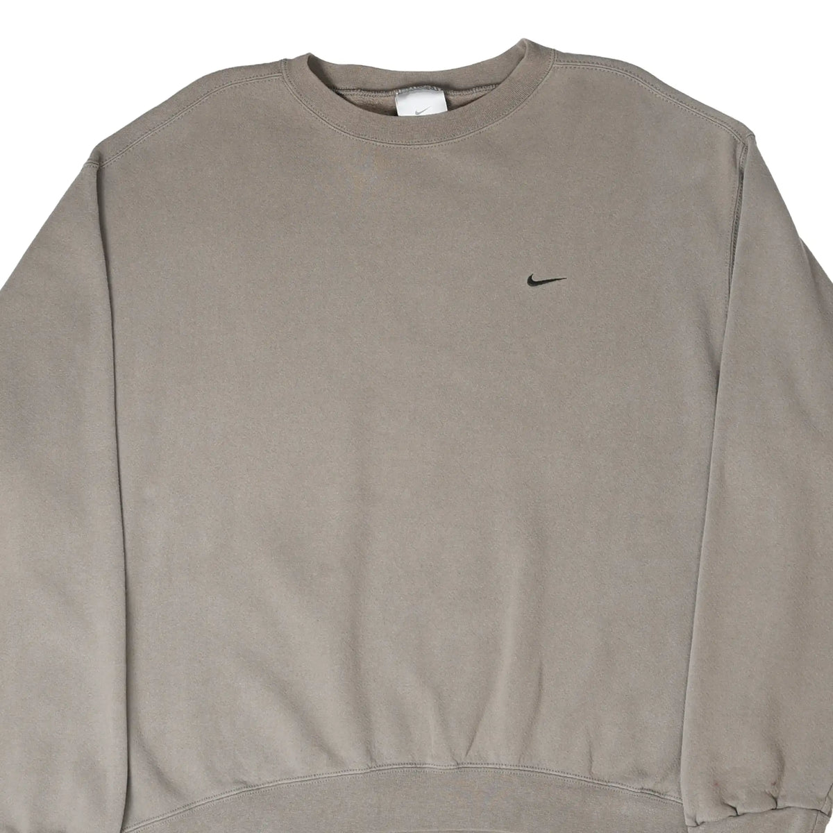 Front close-up of khaki Nike crewneck sweatshirt with small black Swoosh embroidery