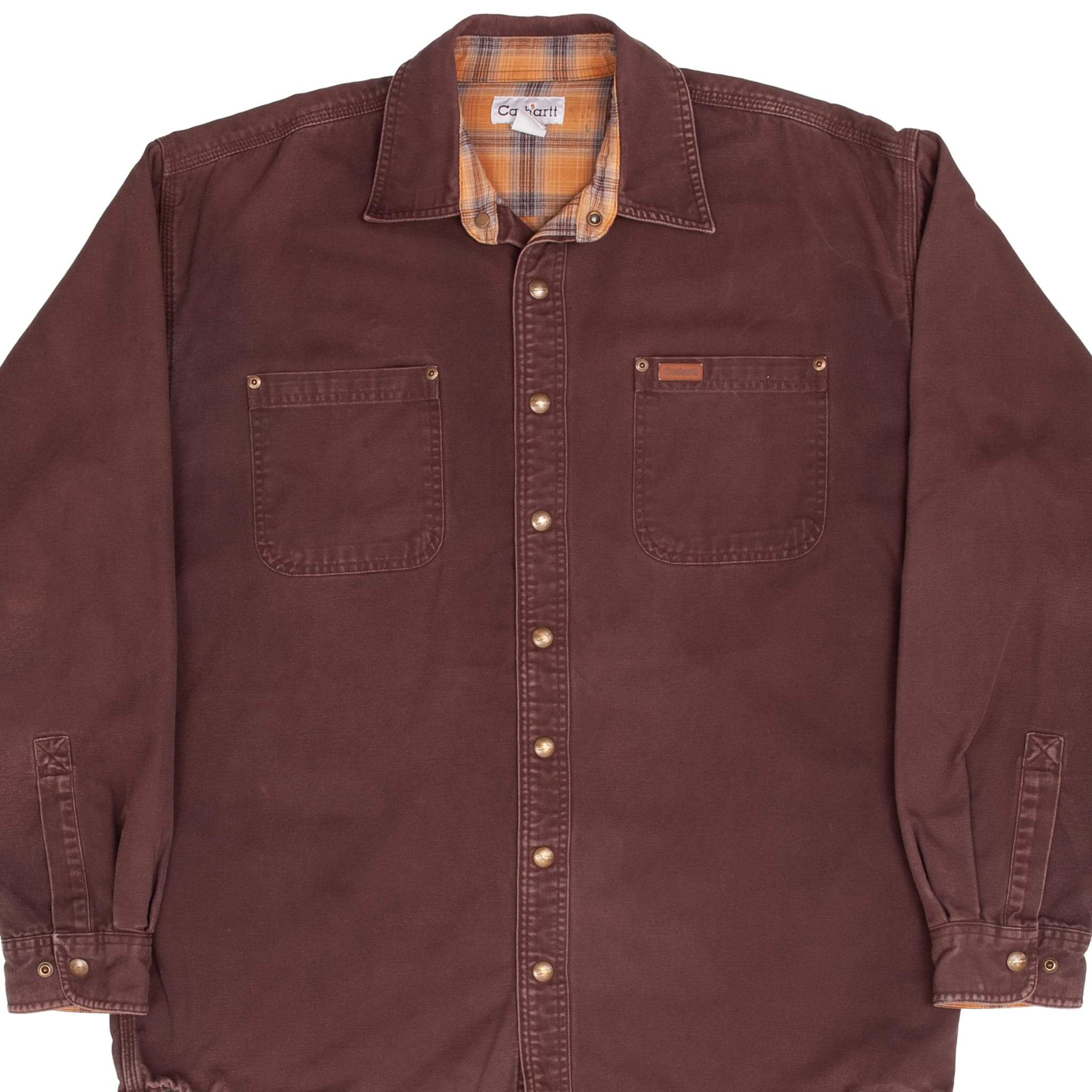 VINTAGE CARHARTT S96 FLANNEL LINED BROWN CANVAS OVER SHIRT 2000S SIZE VINTAGE CARHARTT S96 FLANNEL LINED BROWN CANVAS OVER SHIRT 2000S SIZE