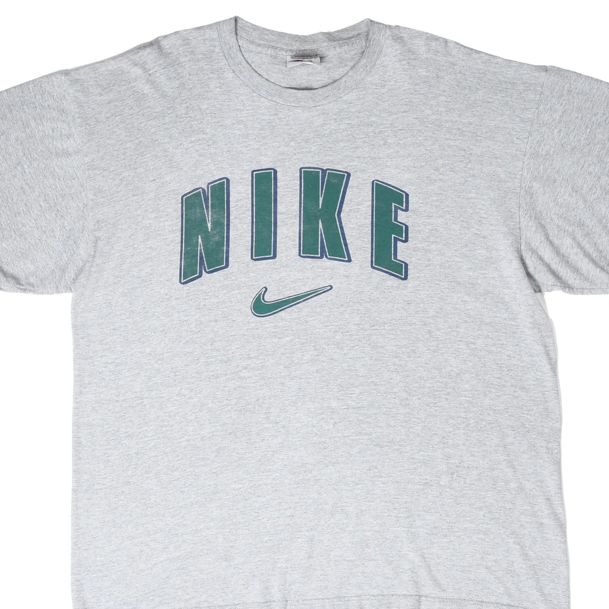 Front of grey Nike T-shirt with green outlined spellout and Swoosh graphic