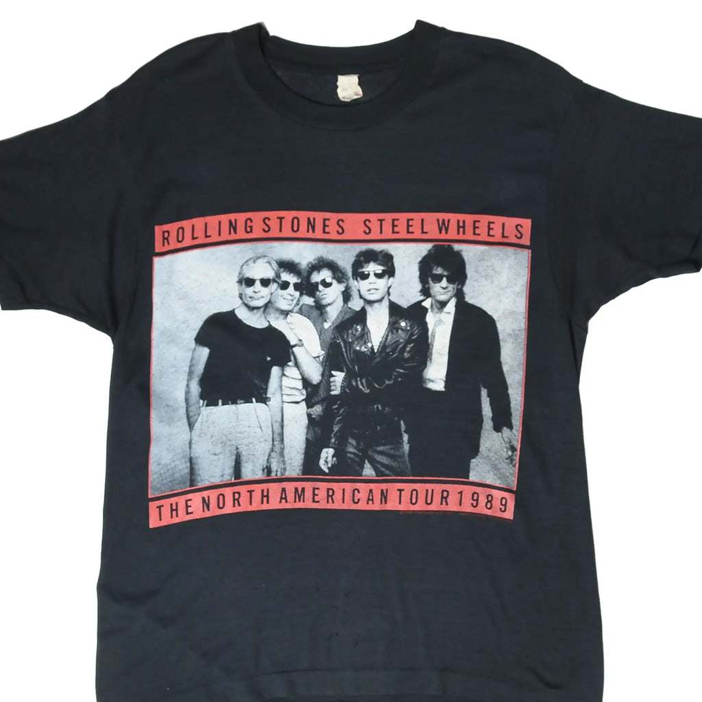 Front of black Rolling Stones Steel Wheels tour T-shirt with red-bordered band portrait graphic