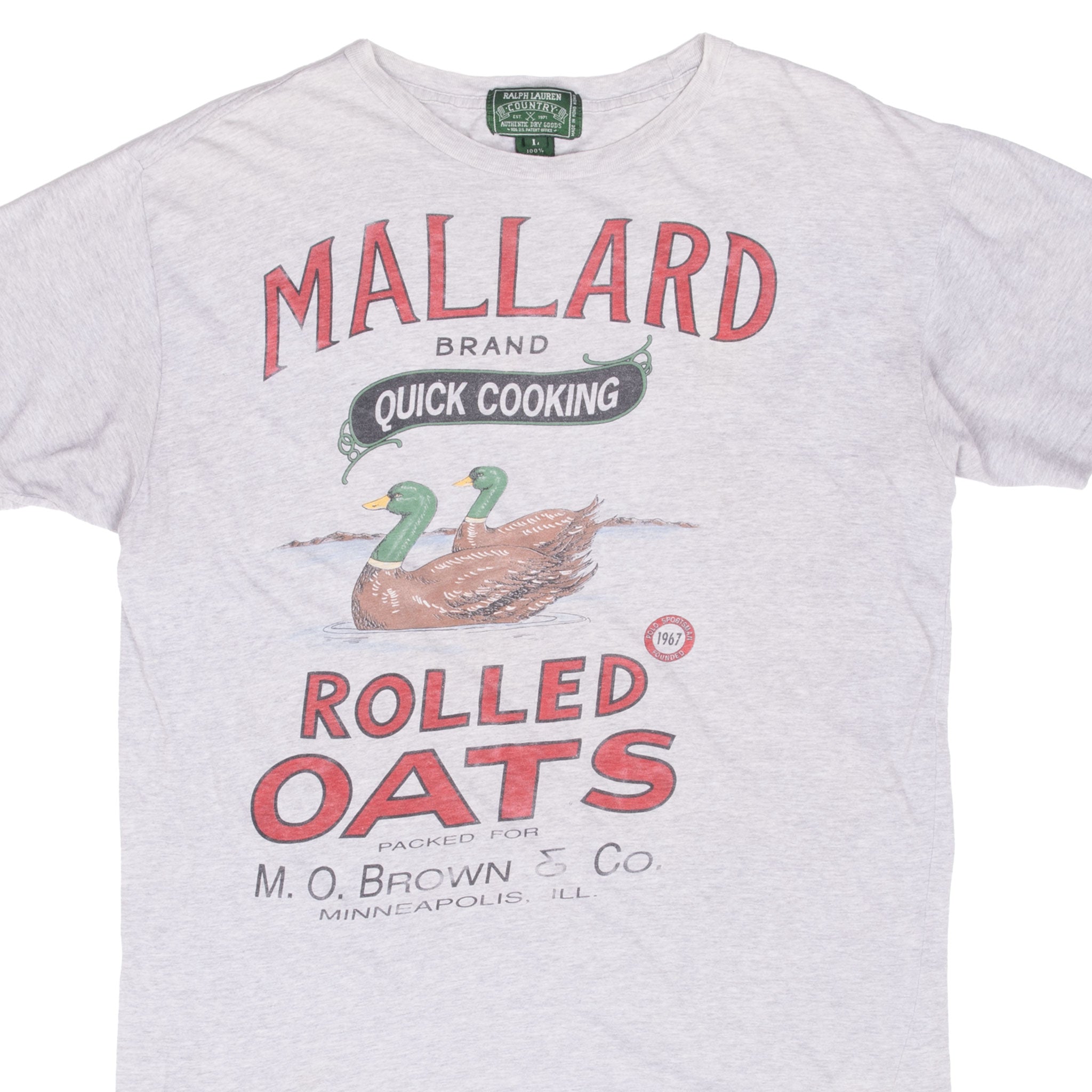Vintage Ralph Lauren Mallard Rolled Oats Grey Tee Shirt 1990S Size Large With Single Stitch Sleeves