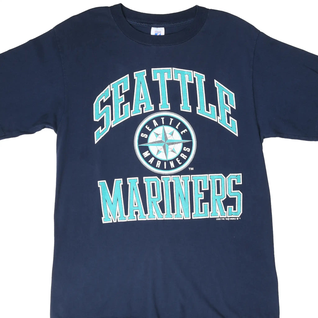 Front of navy Seattle Mariners T-shirt with teal and white lettering and compass logo