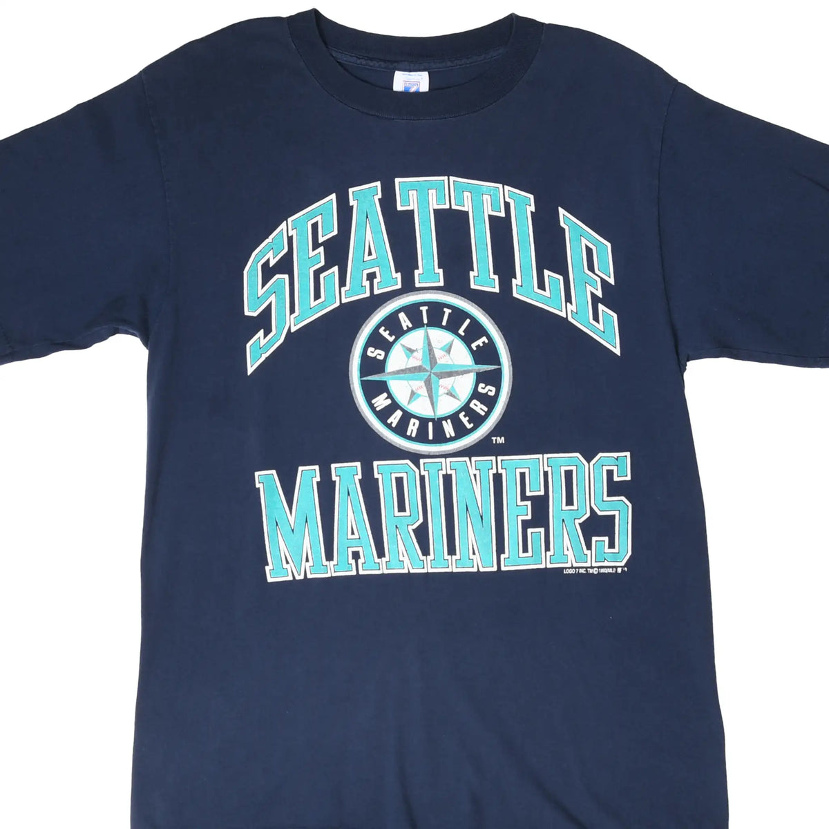 Front of navy Seattle Mariners T-shirt with teal and white lettering and compass logo