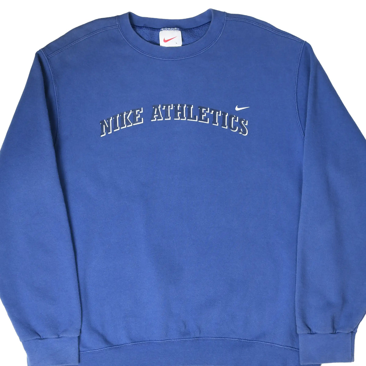 Front of blue Nike sweatshirt with arched Nike Athletics chest lettering and white Swoosh