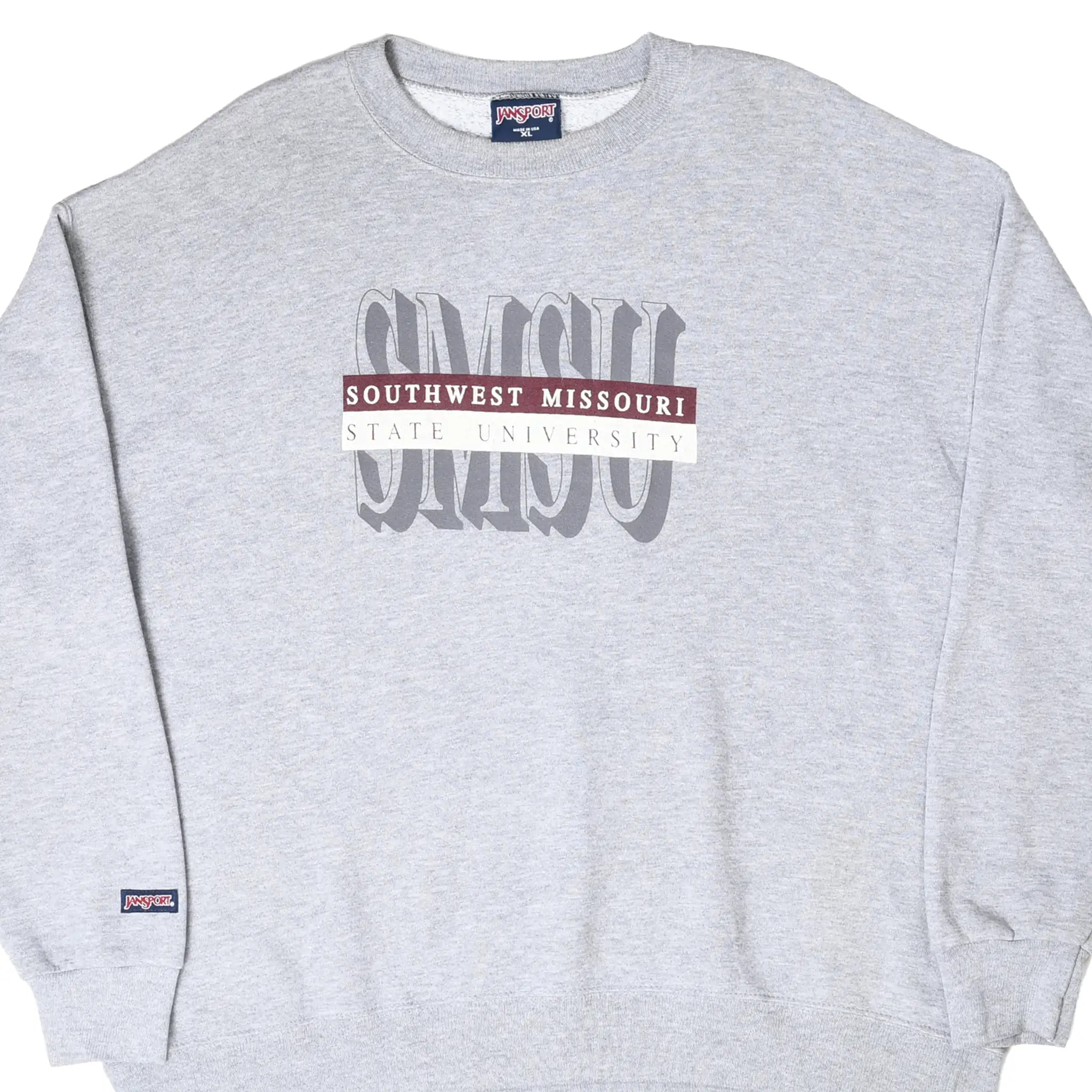 Front of gray Southwest Missouri State University crewneck sweatshirt
