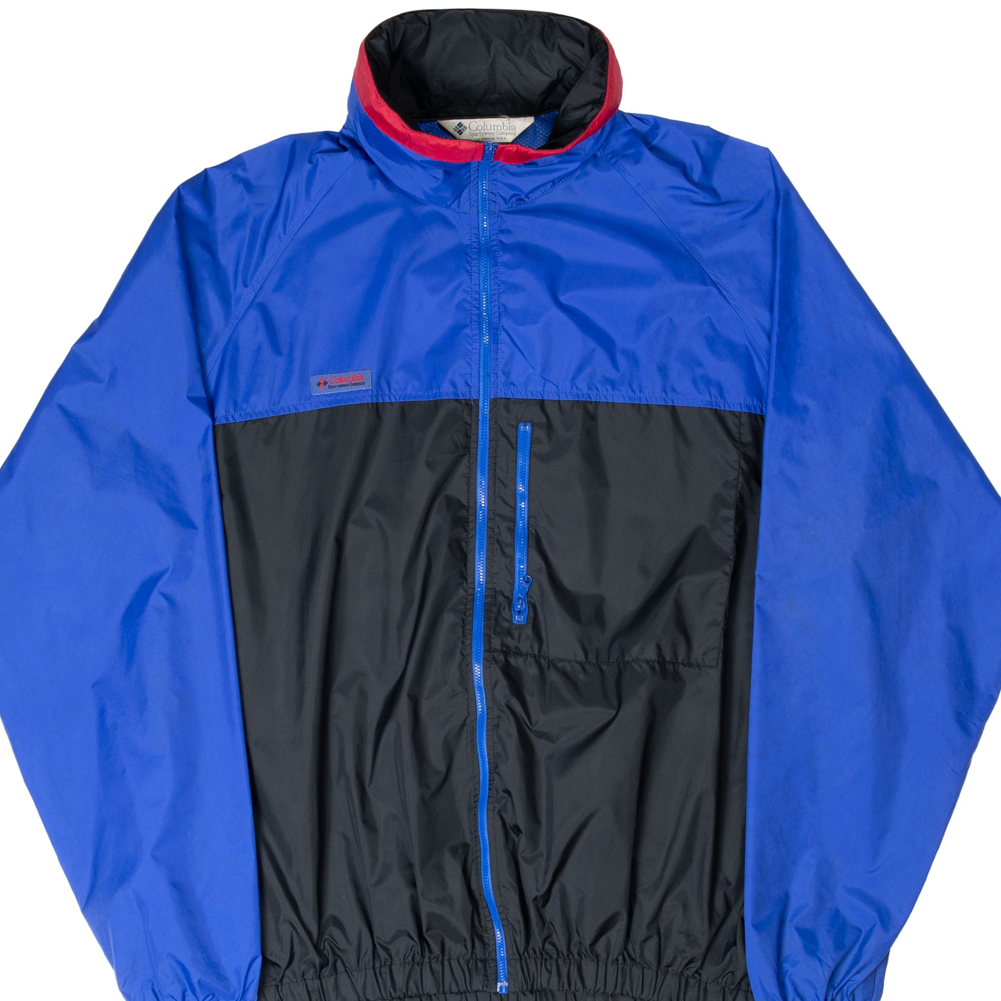 Front detail of blue and black Columbia windbreaker with red-trimmed stand collar
