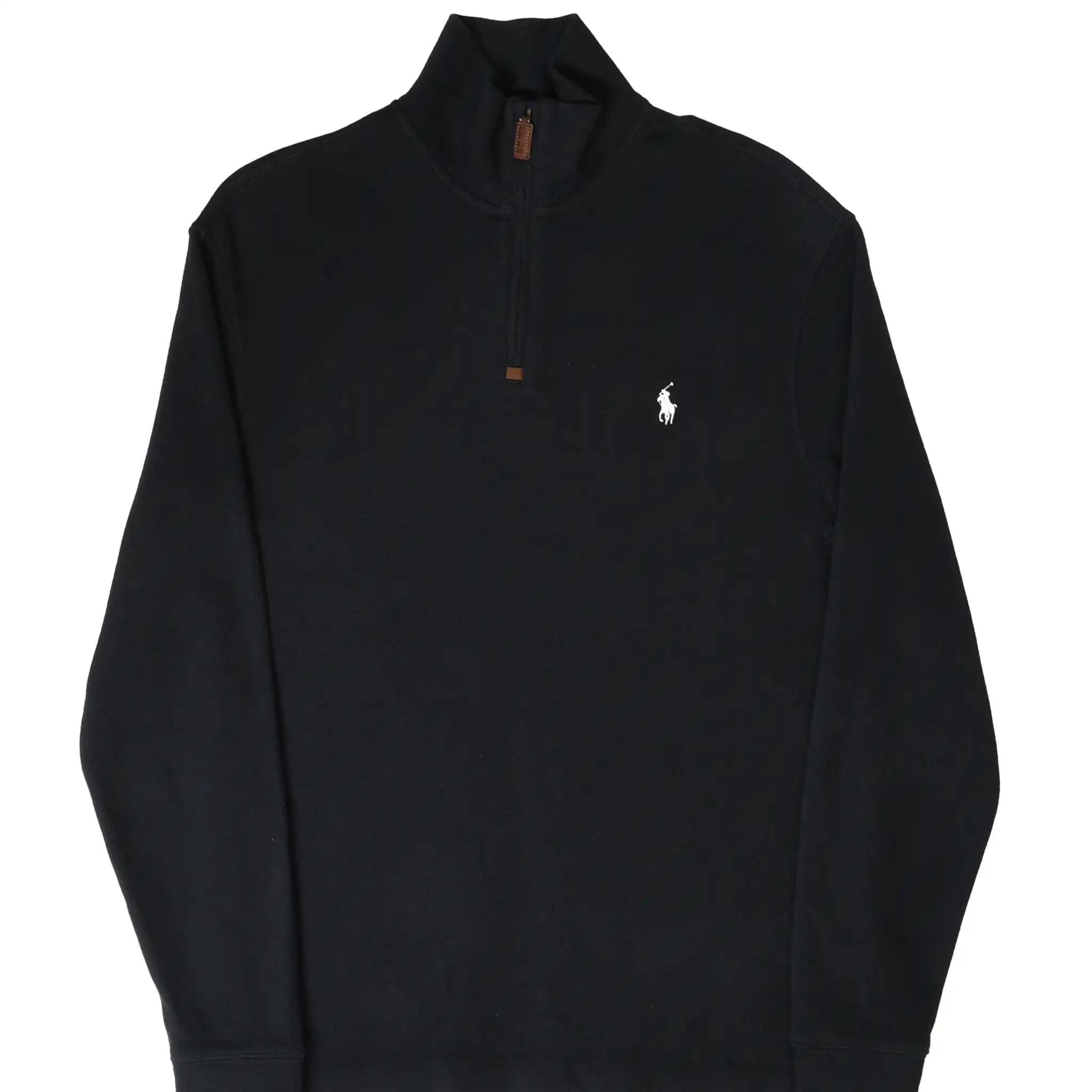 Front of black Polo Ralph Lauren quarter-zip sweater with white pony embroidery