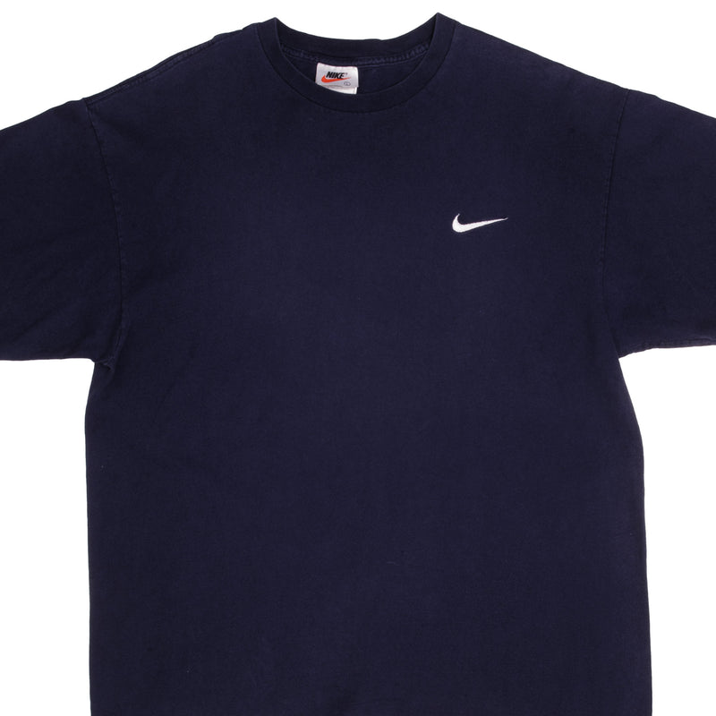 Vintage Nike Small Swoosh Embroidered Blue Tee Shirt Late 1990s Size Large Made In USA.
