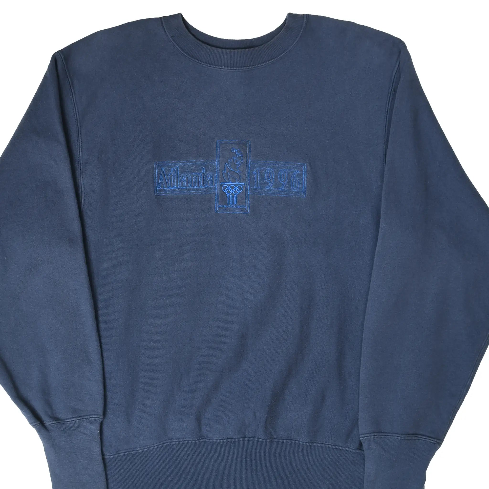 Front of navy Champion Reverse Weave sweatshirt with tonal Atlanta 1996 Olympic embroidery