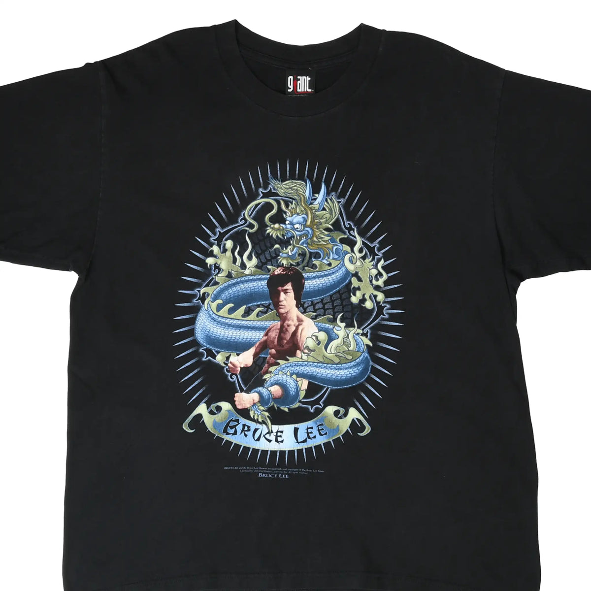 Front of black Bruce Lee T-shirt with blue dragon and flame graphic