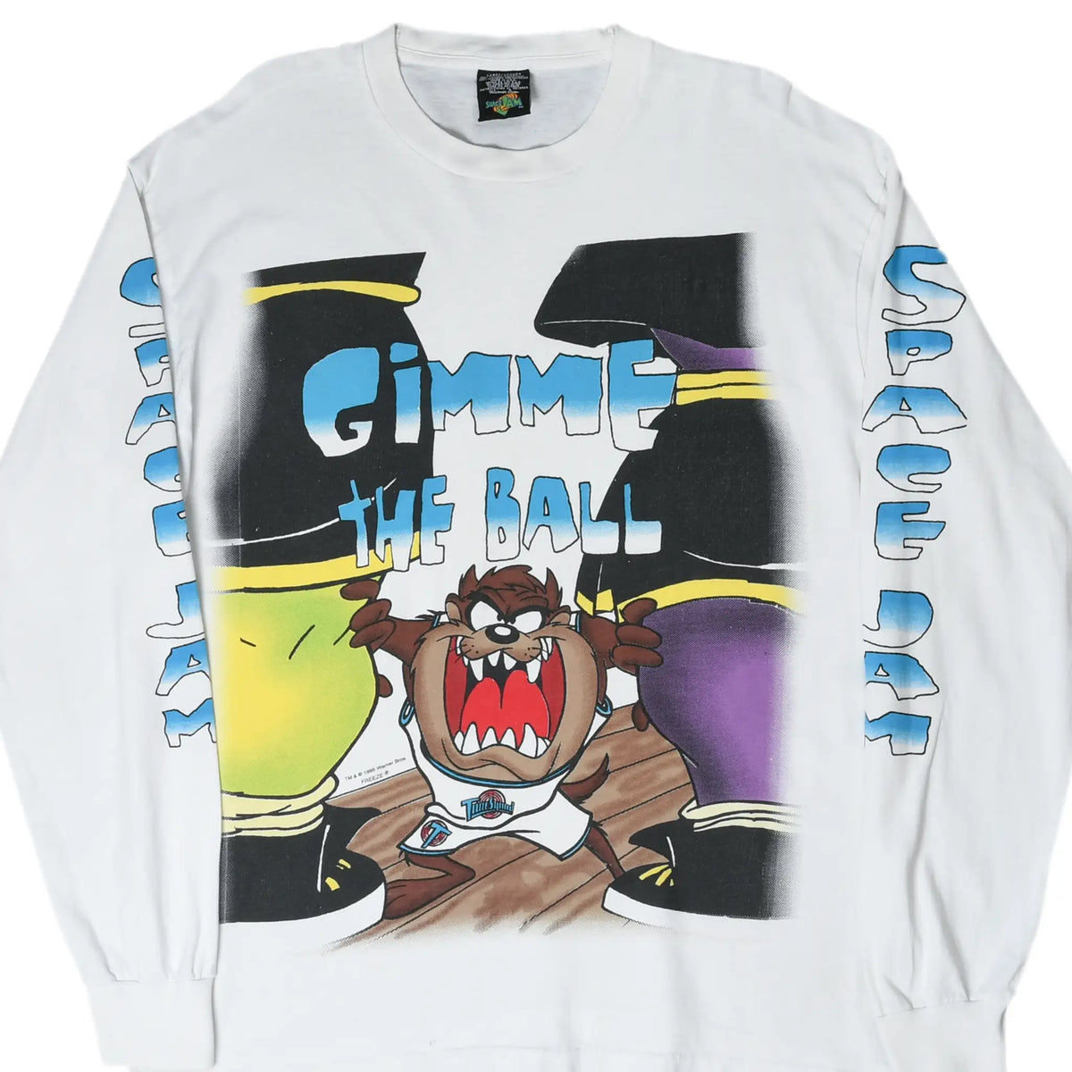 Front of white Space Jam long-sleeve tee with Taz, Gimme the Ball graphic, and sleeve lettering