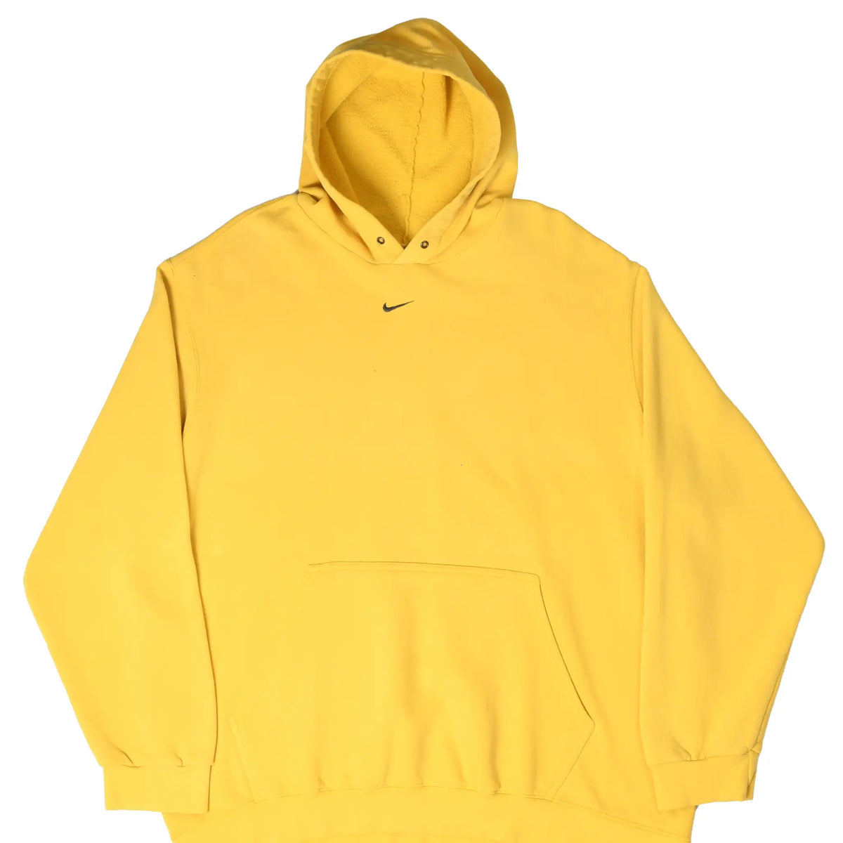 Front of yellow Nike pullover hoodie with small black center Swoosh and kangaroo pocket